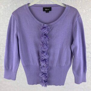 Iz Byer Lavender 3D Flower Ruffle 3/4 Sleeve Cropped Cardigan Sweater Sz XL NWT